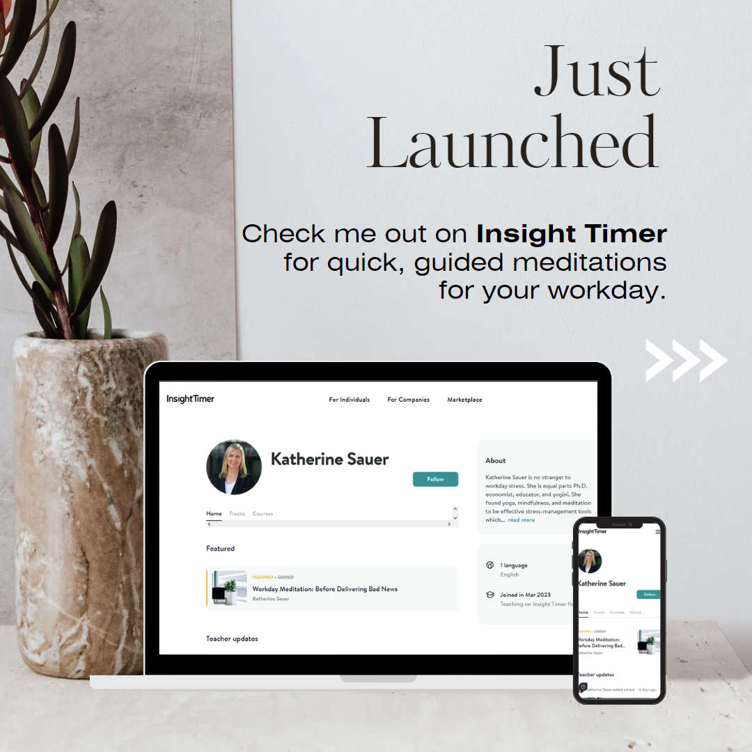 a computer and phone with screens displaying Katherine Sauer's channel on Insight Timer; text reads Just Launched. Check me out on Insight Timer for quick, guided meditations for your workday.